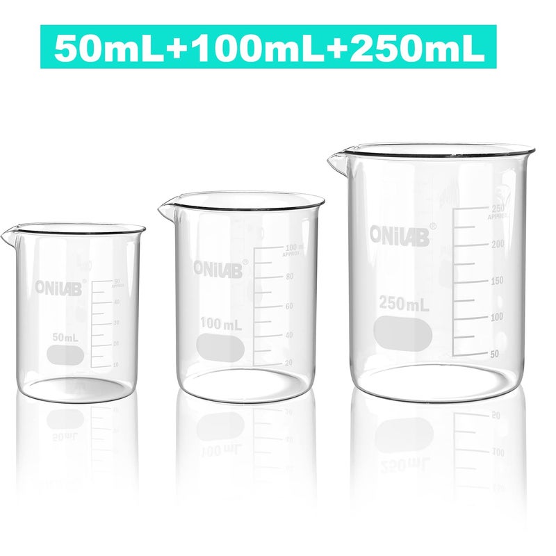 ONiLAB Glass Measuring Beaker Set 50ml 100ml 250ml (Pack of 3) 3.3 Boro Griffin Low Form with Printed Graduation Scientific Glassware for Laboratories, Classrooms or Home Use 13900244 - Image 2